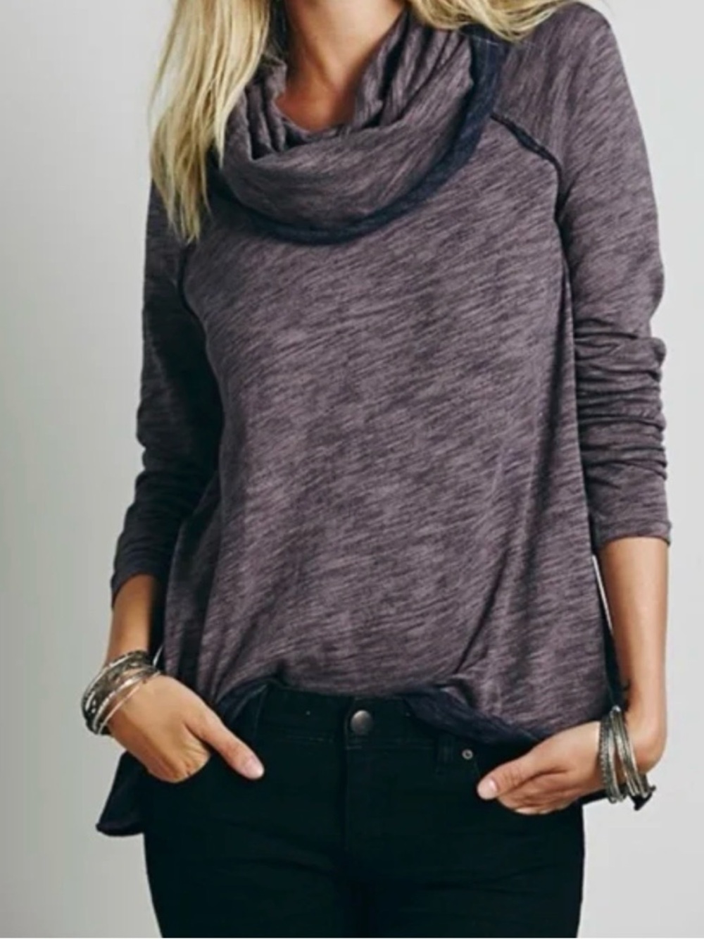 Free People Plum Heathered Cowl Neck Pullover